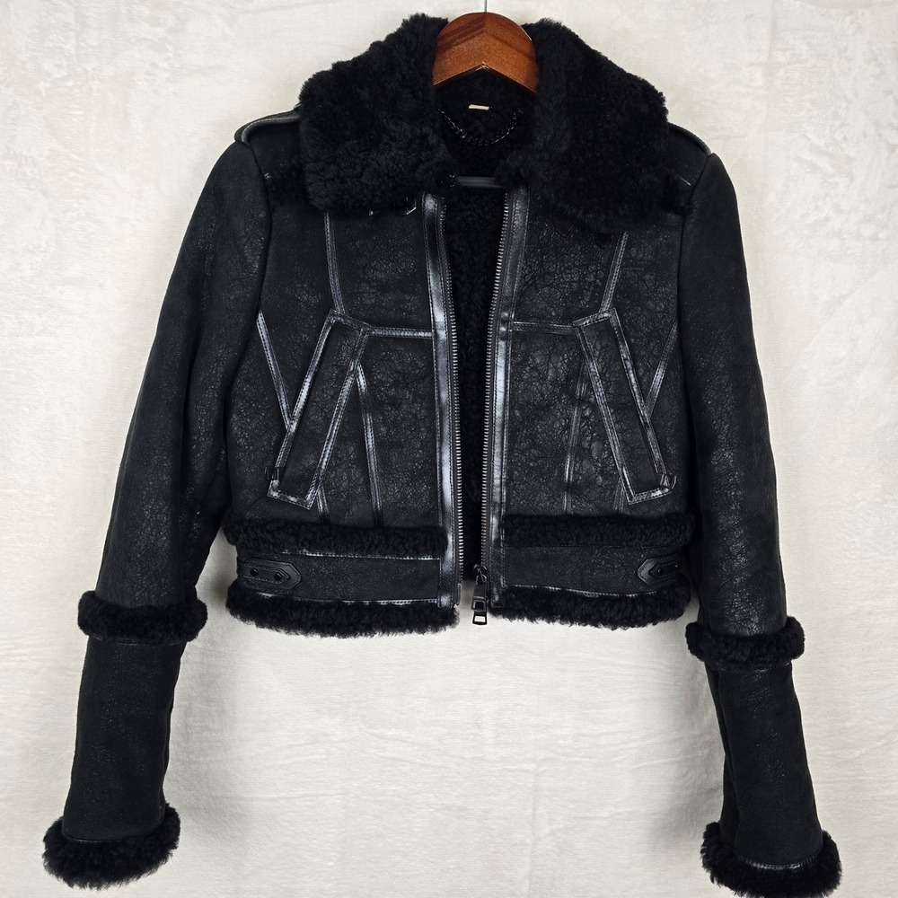 Burberry London Prorsum Black Lamb Shearling Aviator Jacket Leather Cropped 6 US